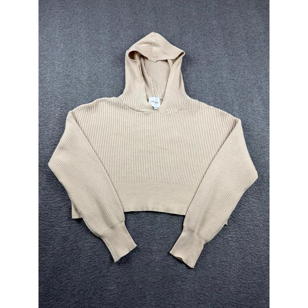 Pink Rose Cropped Hoodie‎ Ribbed Knit Sweater Beige Tan Women’s Size XS